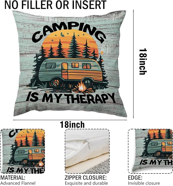 Camping Camp Decorative Throw Pillow Covers, Camping is My Therapy RV Gifts for Camper, Rustic Campsite Pillow Cases Decor for Couch Bedroom 18x18in