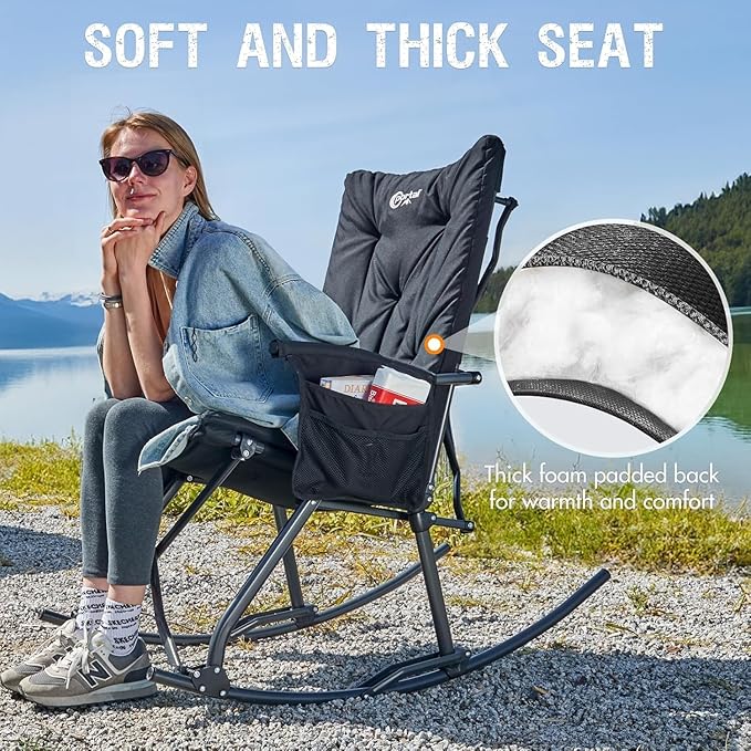 Portal Folding Rocking Camping Chair Outdoor - Thick Padded Rocking Recliner Chair Portable Camping Rocker for Patio Front Porch Backyard Lawn Living Room, Supports 400 LBS
