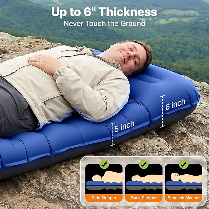 OGERY Sleeping Pad, Ultralight Inflating Sleeping Pad for Camping with Pillow Built-in Foot Pump, 6" Extra-Thick Reinforced Camping Pad for Hiking, Backpacking, Tent, Single,Blue