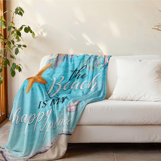 Beach Blanket, Blue Coastal Ocean Beach Throw Blanket for Couch, Bed, Summer Super Cozy Blankets Fuzzy Plush Lightweight Throw Blankets for Sofa, Bed, Living Room,50"X60"