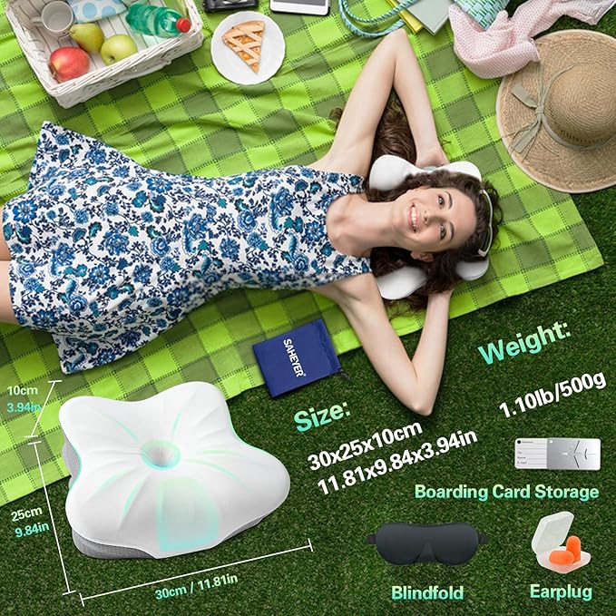 SAHEYER Memory Foam Travel Cervical Pillow, Small Camping Pillows for Sleeping with Strap, Neck Support Camping Gear Accessories - Travel Essentials for Sleeping, Backpacking, Hammock, Gray