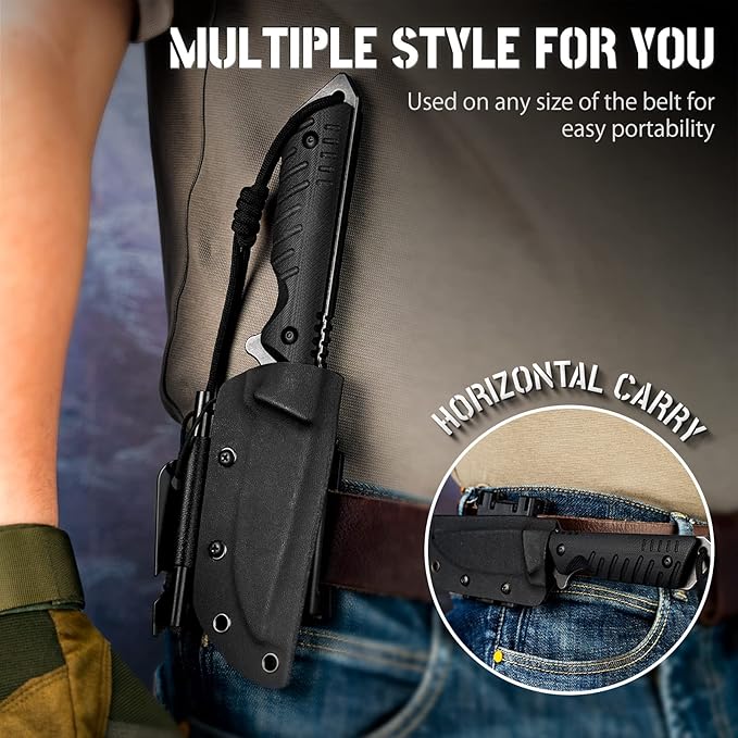 NedFoss Tactical Survival Knife with Fire Starter, Kydex Sheath, 440C Steel Blade, G10 Handle - Camping Gift for Men