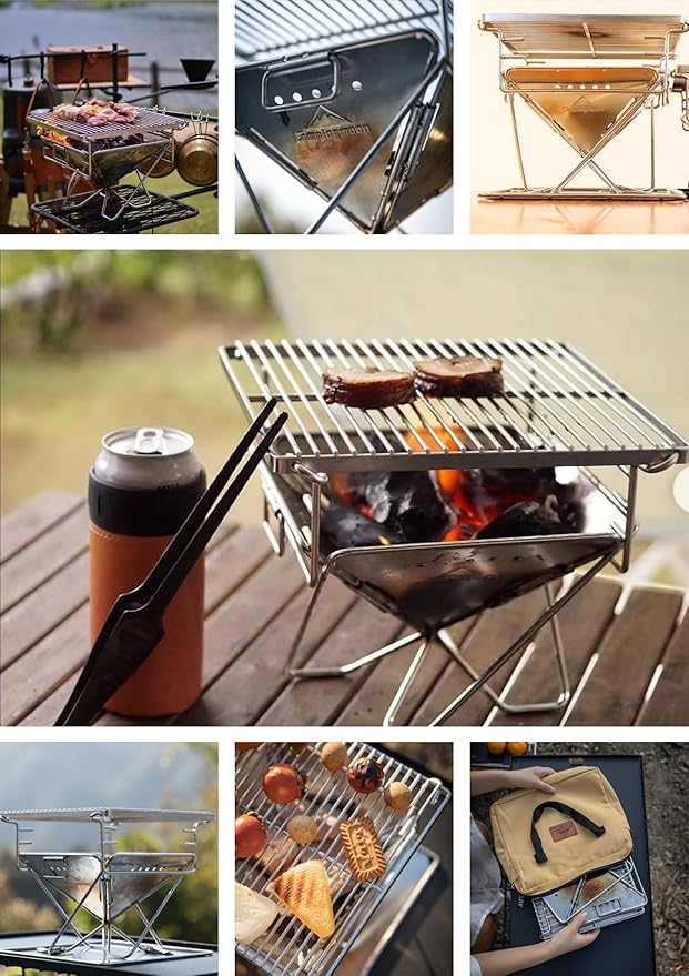 CAMPINGMOON X-MINI PRO Portable Charcoal Grill 9.65 Inch Stainless Steel Tabletop Grill Fire Pit 3 Level Adjustable Height Grill for Camping Outdoor Cooking Barbecue Carry Bag