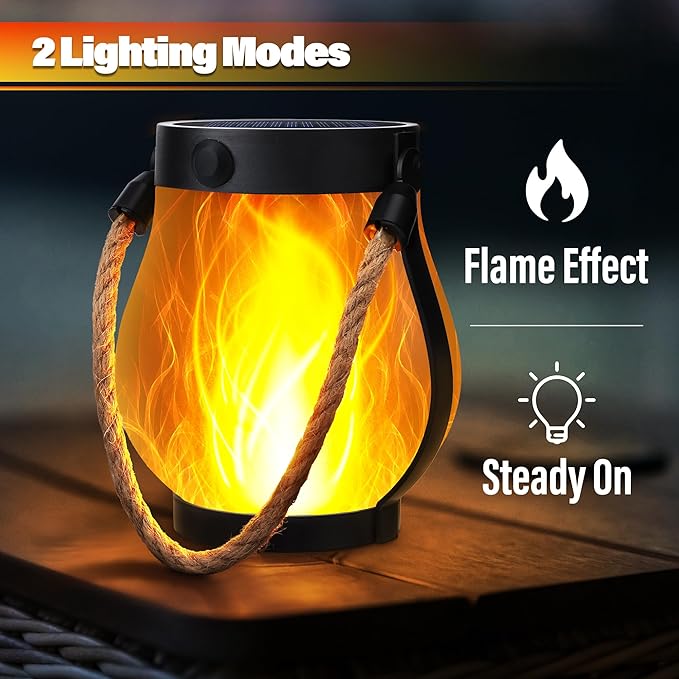 iBaycon 2 Pack Solar Lanterns Lights, Flickering Flame Garden Lights with 2 Modes Dual Charging USB & Solar, Outdoor Waterproof Hanging Lantern for Yard Patio Porch Decor (Warm White)