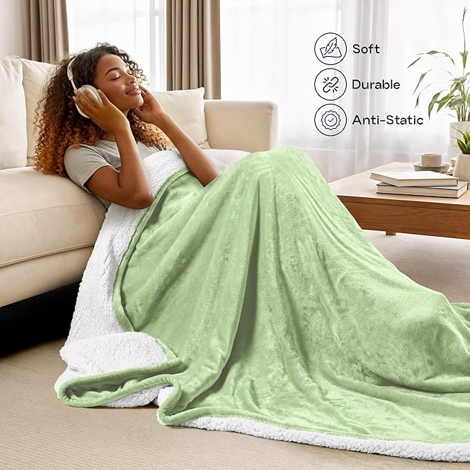 Utopia Bedding Sherpa Blanket King Size (Sage Green, 90x102 Inches) - Soft Lightweight Plush Fleece Reversible Blanket for Bed, Sofa, Couch, Camping and Travel