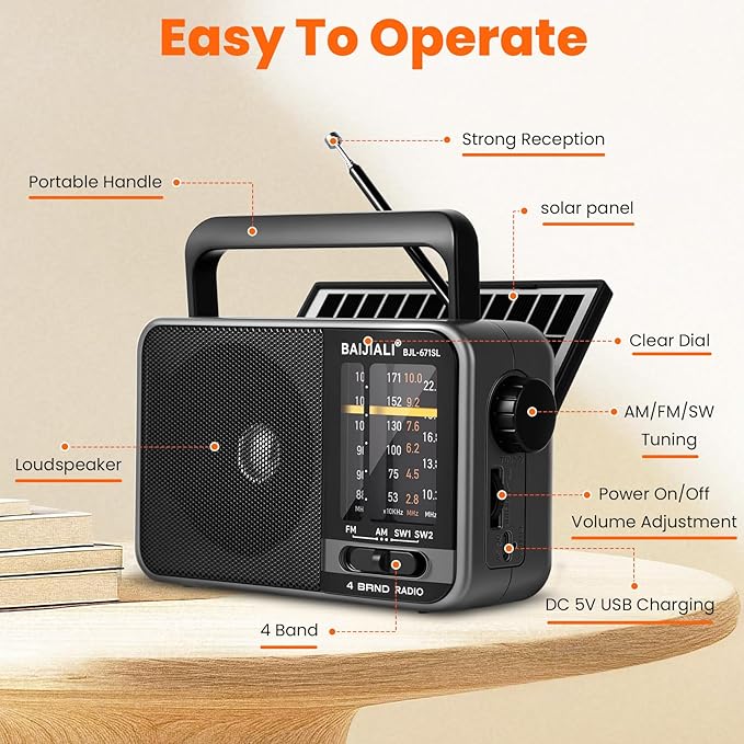 Solar-Powered Portable Radio, AM/FM/SW Radio with Loud Speaker, Built-in Rechargeable Battery and USB-C - Emergency Radio for Outdoor, Camping, Travel, Storms and Power Outages (Model BJL-671-Solar)