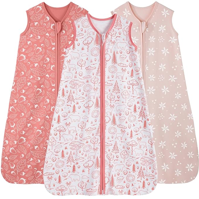 Baby Sleep Sack 0-6 Months, 100% Cotton Sleeping Sack for Newborn and Infant, 3 Pack Baby Wearable Blanket, 0.5 Tog Lightweight Double Zipper Sleep Bag Pink