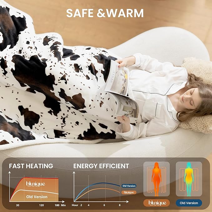 Heated Blanket Throw Blanket - Fast Heating Electric Blanket, Soft Flannel Heated Throw with 4 Time Settings, 10 Heating Settings, Warm Gifts for Women & Mom & Grandma(50"x60"Cow Print White)