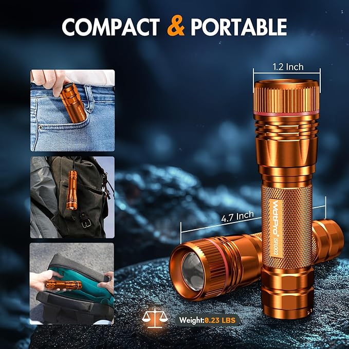 WdtPro Rechargeable Flashlights High Lumens, 2 Pack 10H Long Lasting Super Bright EDC Flashlight, LED Mini Tactical Flash Lights for Camping Emergency, Drop & Water Resistant Orange(Battery Included)