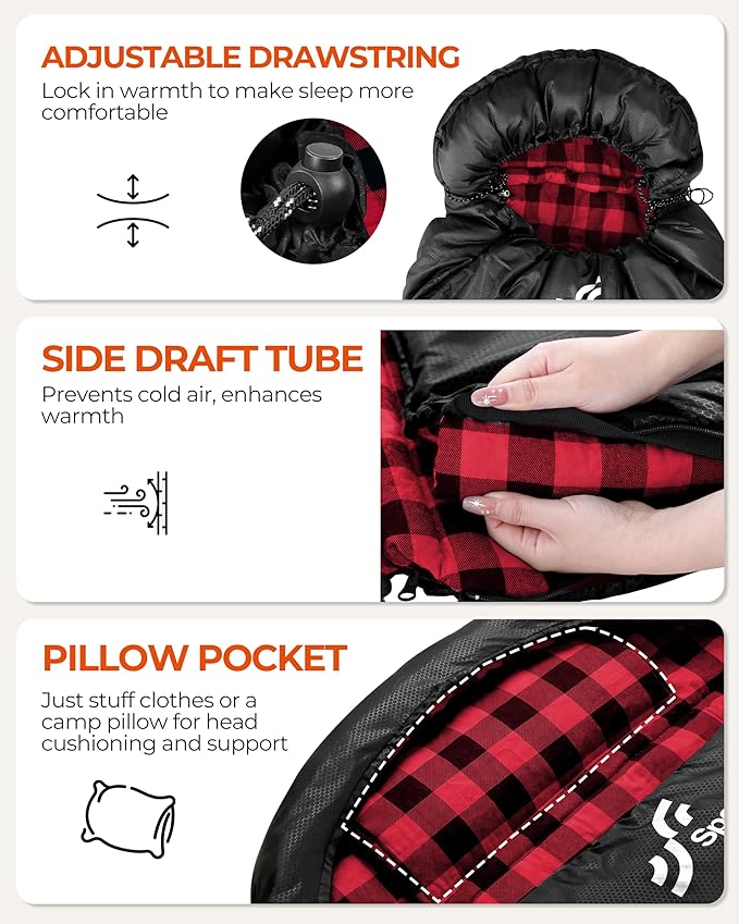 Sportneer 0 Degree Sleeping Bag for Cold Weather, XL Winter Sleeping Bag for Adults, Flannel Lined Camping Sleeping Bag, 32°F–59°F Rated, 87" x 33.5", 4.4 lbs, Detachable Hood, Compression Sack