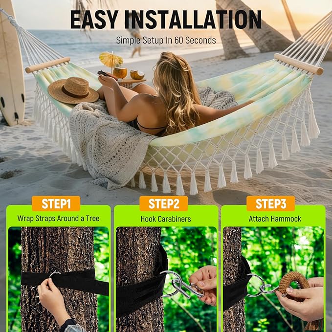Portable Hammock, Bohemian Hammock,2person Hammock,for Suitable,Patio,Beach,Backyard,Garden,（Cyan 79 * 59