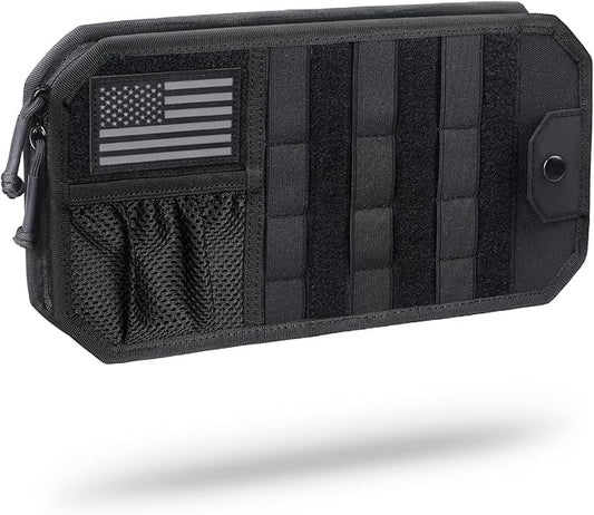 WYNEX Molle Car Sun Visor Organizer, Car Accessories with Zip Storage Pouch & Glasses Holder, Semi-Rigid Molle Panel with Patch for Tactical Gears, Fits Most Cars, Trucks, Pickups, Patrols