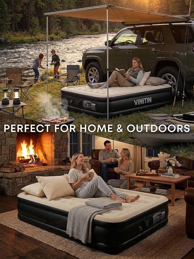 Queen Air Mattress with Built-in Pump, 16" Elevated Inflatable Bed for Home & Guests, Self-Inflating Blow Up Mattress with Flocked Top & Storage Bag, 660lb Max Weight, Matt Black