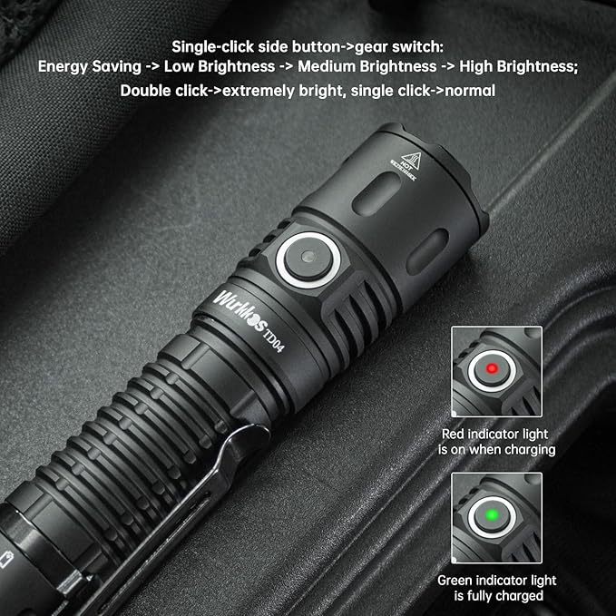 Wurkkos TD04 Tactical Flashlight,3000 Lumens USB-C Rechargeable LED Flashlight,IP68 Waterproof Dual Switch EDC Flashlight Emergency with Easy Operation for Camping Hiking Flashlight