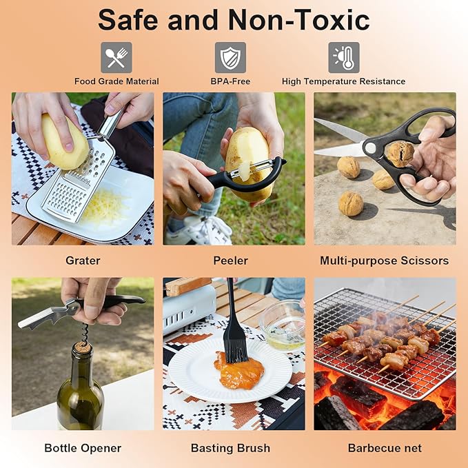 Camping Accessories Kitchen Cooking Utensils Set, Portable Outdoor Camp Cookware Set, Silicone Camper Essentials Gear Must Have Supplies for Travel RV BBQ Grill Picnic Hiking