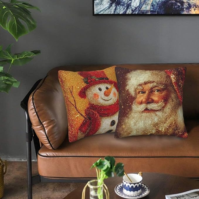 Santa Claus Cute Snowman Throw Pillow Covers 18x18 inch Set of 2 Christmas Pillow Case Cushion Cover for Home Sofa Couch Living Room Car Decor