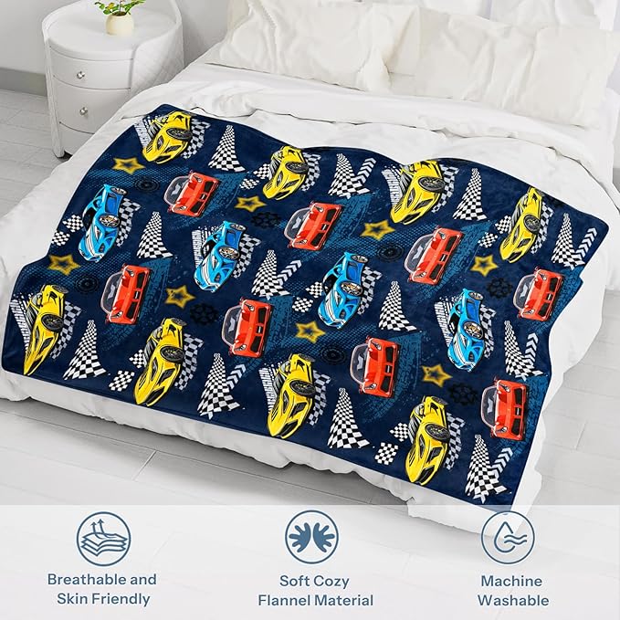 Car Blanket, Racing Car Flannel Blanket for Boys, Race Track Themed Room Decoration for Adult, Christmas Thanksgiving Soft Cozy Gifts for Game Lover 50 * 60 Inches