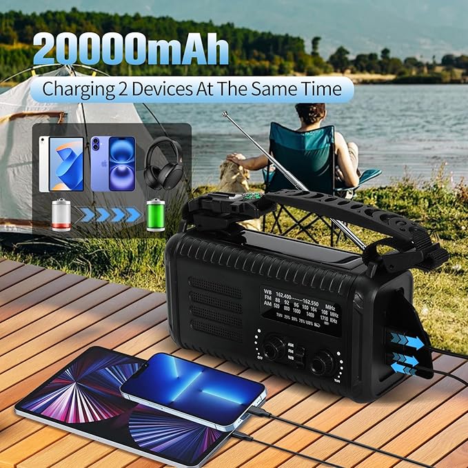 20000mAh Emergency Crank Radio, NOAA/AM/FM Portable Weather Radio, Solar Hand Crank Radio, Battery Powered with USB Phone Charger, Flashlight Reading Lamp & SOS for Survival Camping (Black)