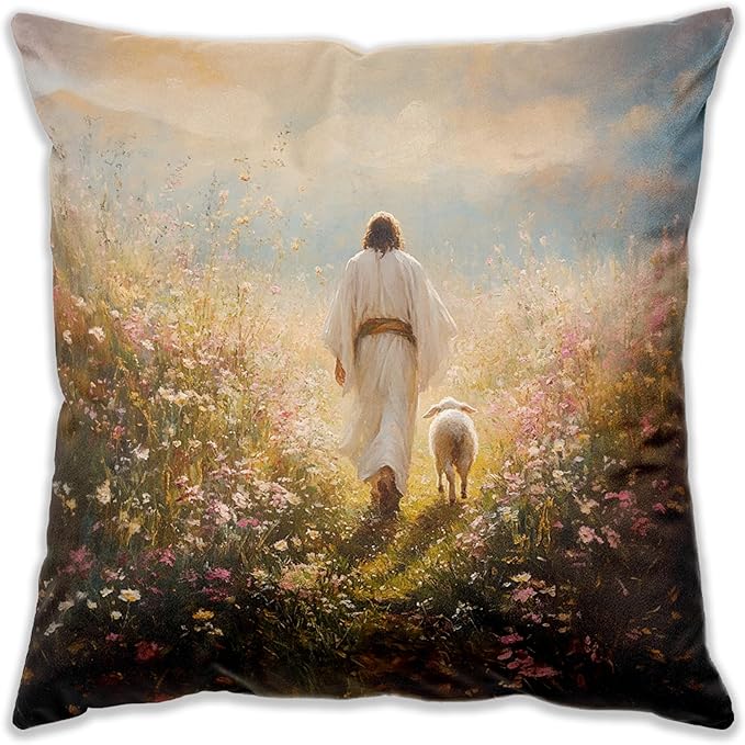 Christian Jesus and Lamb Pillow Covers 18x18, Christian Home Decor, Jesus Leaves the 99 Sheep Religious Bible Verse Decorative Throw Pillow Covers for Home Bedroom Living Room Sofa Couch