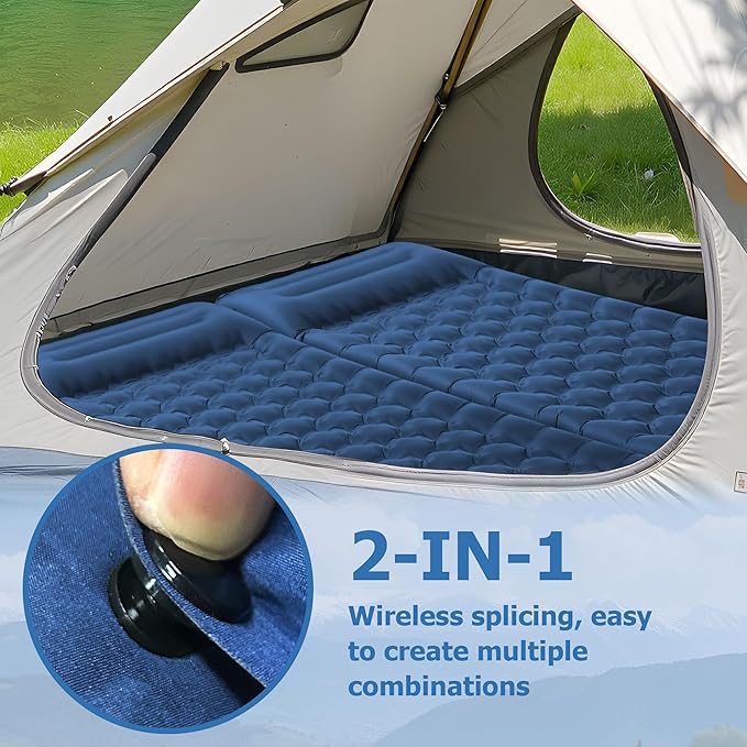 Toncoke Sleeping Pad, 4.7" Extra-Thick & Ultralight Inflatable Camping Mat with Pillow, Built-in Foot Pump, Compact for Backpacking, Camping, Hiking, Travel — Navy Blue