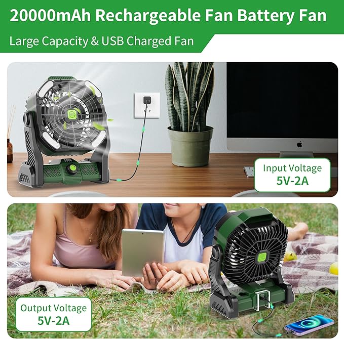 20000mAh Portable Camping Fan Rechargeable Portable fans for Travel Battery Powered Fan with LED Lantern,270° Rotation,USB Desk Battery Rechargeable Tent for camping essentials with Hook