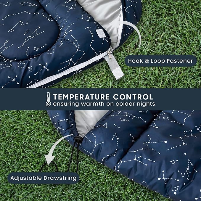 Wake In Cloud - Kids Sleeping Bag for Boys Toddlers, Camping in Warm Cold Weather, Backpacking Lightweight Compact Outdoor Liner for 3 Seasons, Constellation Galaxy