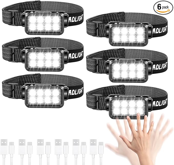 VZZNN 6 Pack Rechargeable Headlamp,Super Bright LED Head Flashlight with Motion Sensor,IPX6 Waterproof Headlight for Camping,Hiking,Fishing,Running,Hunting,Hands Free Head Lamp for Adults,Team Work