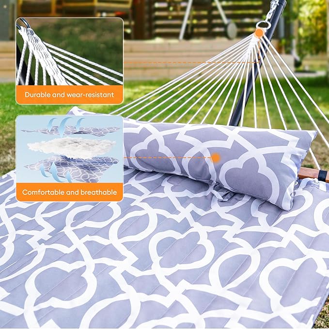 Everyfun Double Hammock with Spreader Bar,Soft Pillow,Max Load 500lbs,Portable Hammock for Outdoor,Camping,and Backyard,White Gray