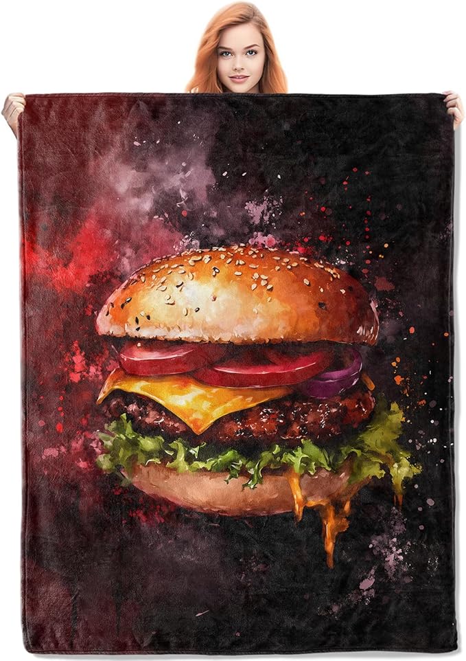 Juicy Cheeseburger Flannel Blanket, Hamburger Gifts, Food-Themed Blanket for Women, Soft Lightweight Throw Blankets for Bed Home Travel Decor 60" x 80"