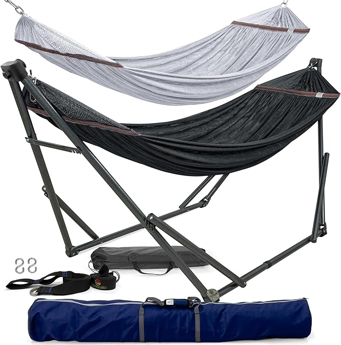 Tranquillo Combo x2 Hammocks with Stand for Outside & Tree Straps, Heavy Duty Hammock with Stand 600lbs for Indoor Outdoor Patio Backyard, x2 Hammocks for 2 Person (Combo - Black, Medium)