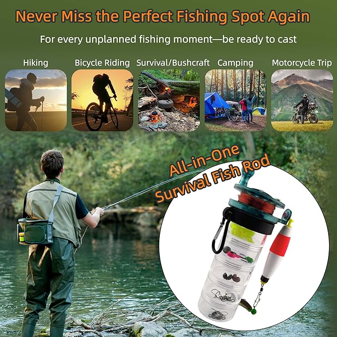 Pocket All-in-One Fishing Rod Small Pen Fishing Pole for Camping Bushcraft Survival Compact Emergency SurvivalFishingRod Fishing Gear Gifts for Starter Fisherman Survivalist Hiker Camper