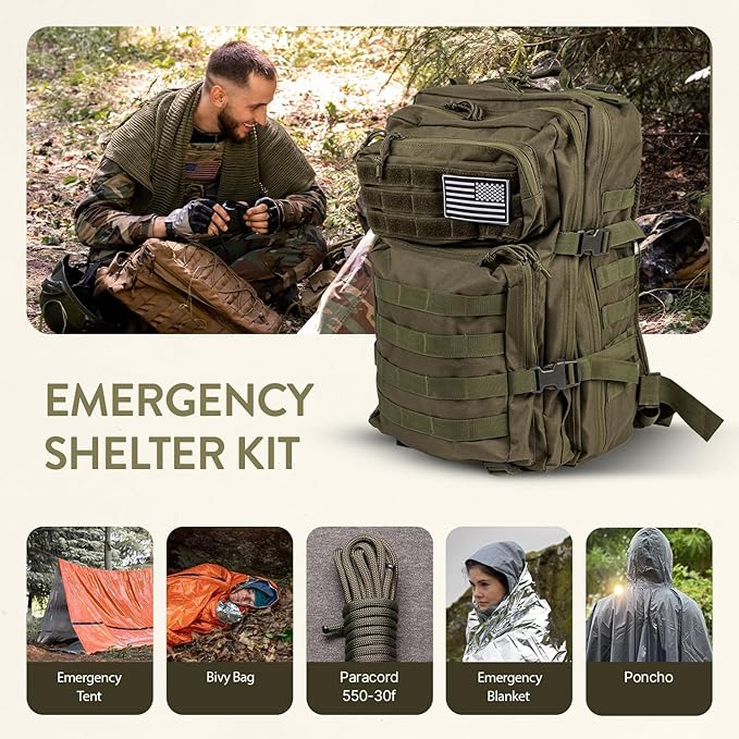 TacPreps 72-Hour Survival Kit | Emergency Bug Out Bag with First Aid, Water Filter, Food, Tools | 45L Tactical Backpack for Camping, Hiking, Outdoor Emergency Preparedness