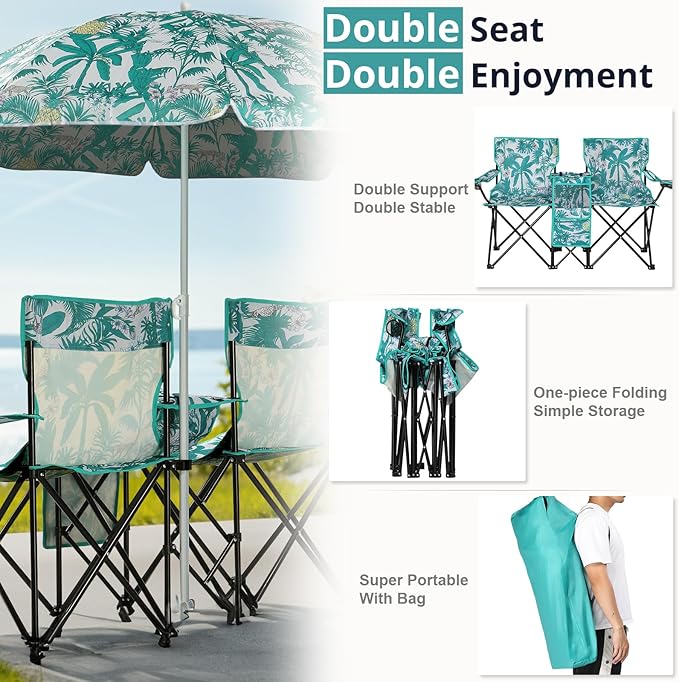 Outvita Folding Double Camping Chair w/Umbrella Beverage Holder Carrying Bag Cooler Fold Up Table, Large Bearing Capacity for Beach Patio Pool Park Outdoor Coconut Tree Pattern