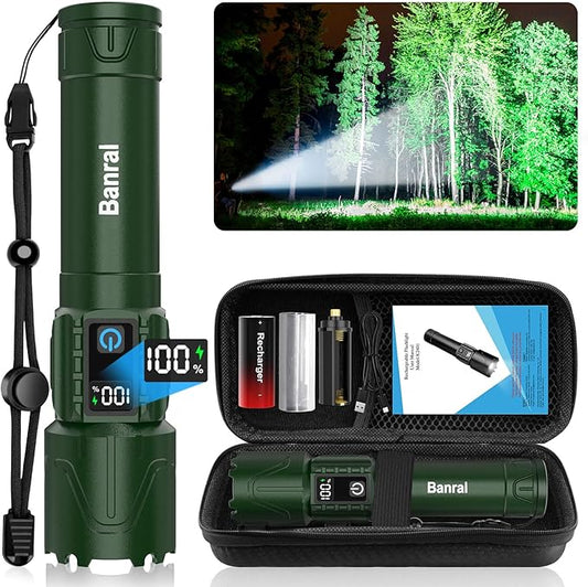 Rechargeable Tactical Flashlights 2000 High Lumens - 5000mAh Super Bright LED Powerful Flash Light, Waterproof Handheld USB C Flashlight for Home,Car,Camping,Emergencies,5 Modes,Zoomable (1, Green)