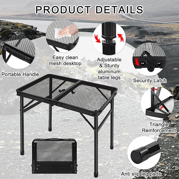 jkwokback Grill Table Camping Table Portable Folding Table,Height Adjustable Collapsible with Mesh Desktop,Lightweight Metal Table for Camp, BBQ, Picnic, RV, Outdoor Cooking, Travel