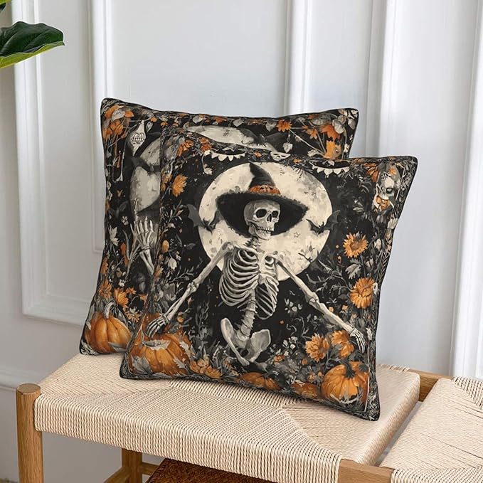 Skull Moon Throw Pillow Covers 18x18 inch Set of 2 Halloween Pillow Case Cushion Cover for Home Sofa Couch Living Room Car Decor