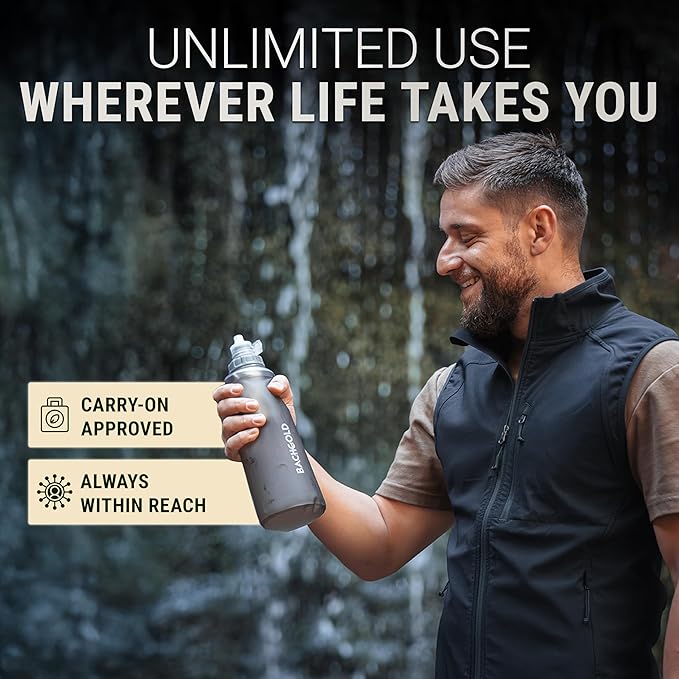 Water Filter Camping – Bachgold Squeeze Foldable Squeeze Bottle | Ultralight Backpacking Filtration for Hiking, Survival & Emergency | Dual-Stage Filtration, Swiss Design