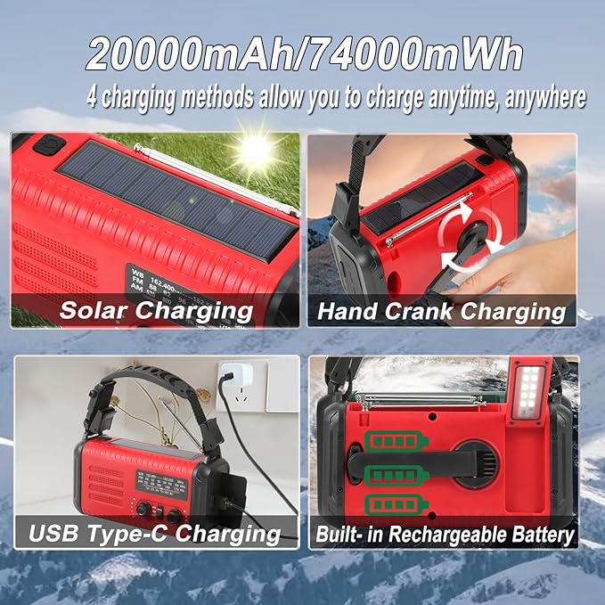 Emergency Hand Crank Radio, NOAA Weather Radio, 20000mAh Rechargeable Solar AM/FM Radio, Portable USB-C Fast Charger, Flashlight, Reading Lamp SOS Alarm for Hurricane Storm Camping Hiking (Red)