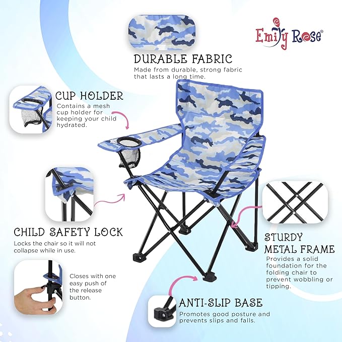 Emily Rose Kids Folding Beach Camp Chair with Safety Lock - Camping Travel Chair for Boys Girls Toddlers Ages 2-7 with Cup Holder & Carry Case (Blue Camo) Indoor Outdoor Lightweight USA Brand
