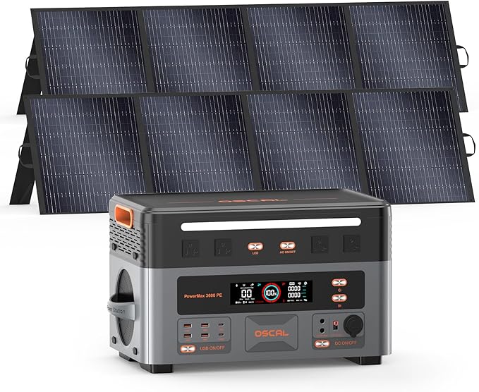 OSCAL 3600W Portable Power Station PowerMax 3600 PE with 2x200W Solar Panel, 2016Wh Solar Generator, 1500W AC Charging, LiFePO4 Battery Power Station for Home Use, Camping, RV, Emergency