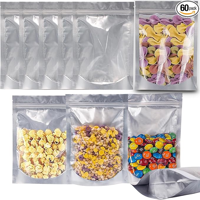 Wisesorb 1 Quart 60 Packs Mylar Bags For Food Storage, 7"x 10" Mylar Bags With Window, Freeze Dried Candy Bags, Reusable Storage Bags For Food, Mylar Food Storage Bags for Long Term Food Storage