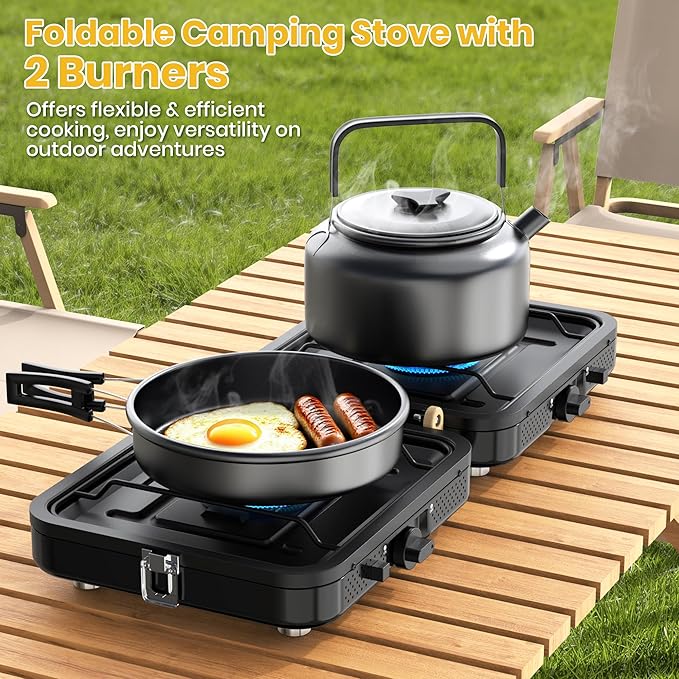 2 Burner Camping Propane Stove, Portable Folding Propane Stove with Carrying Bag, Adjustable High Heat Burners & Piezo Push-Button Instant Ignition, Outdoor Tailgating, Backyard BBQ Camping Essentials