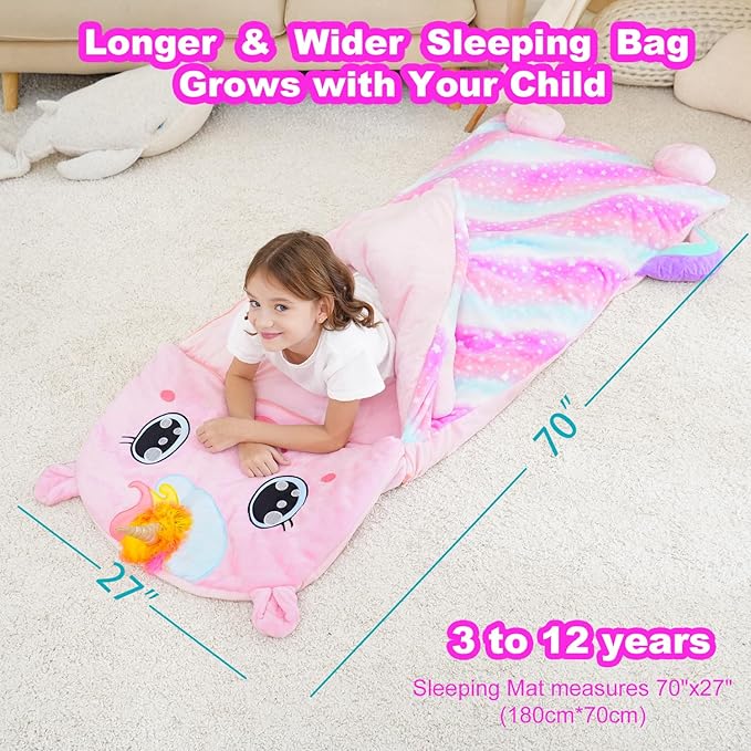 Kid Sleeping Bag with Pillow - Larger Nap Mat - Plush Slumber Bag for Boys Girls Daycare Preschool Kindergarten Birthday Gift Travel Sleepover Ages 3-12 Years