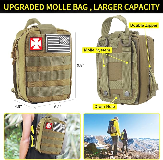 Gifts for Men Christmas Survival Kit and First Aid kit, 160 Pcs Emergency Supplies Camping Accessories with Upgraded Molle Bag for Outdoor Adventure Camping Hiking Hunting