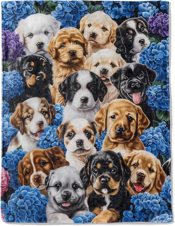 Cute Puppy Fleece Blanket - Lightweight Soft Cozy Gifts Throw for Dog Lovers,Women,Adult,Blue and Purple Flower Pet Blankets,Home Room Modern Artistic Decor 50x60in