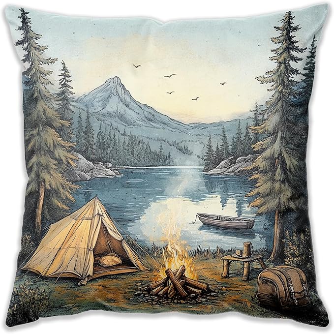 Vintage Mountain Lake Camping Pillow Cover 18x18, Rustic Woodland Campsite Decor, Moody Pine Tree Forest Throw Pillow Cover for Home Bedroom Living Room, Camper Lover Gifts