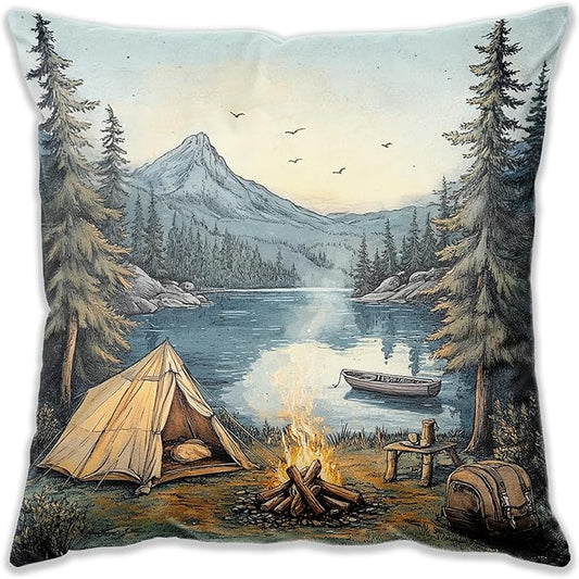 Vintage Mountain Lake Camping Pillow Cover 18x18, Rustic Woodland Campsite Decor, Moody Pine Tree Forest Throw Pillow Cover for Home Bedroom Living Room, Camper Lover Gifts