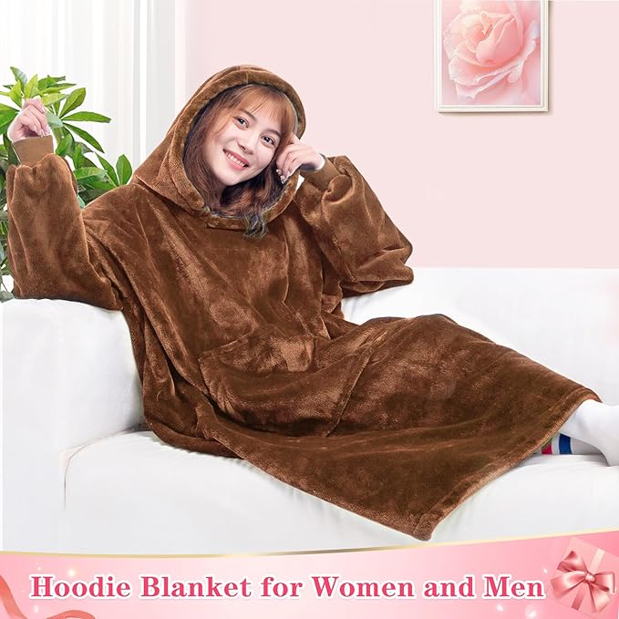 Waitu Wearable Blanket Sweatshirt Gifts for Women and Men, Warm and Cozy Giant Blanket Hoodie, Thick Flannel Blanket with Sleeves and Giant Pocket - Camel