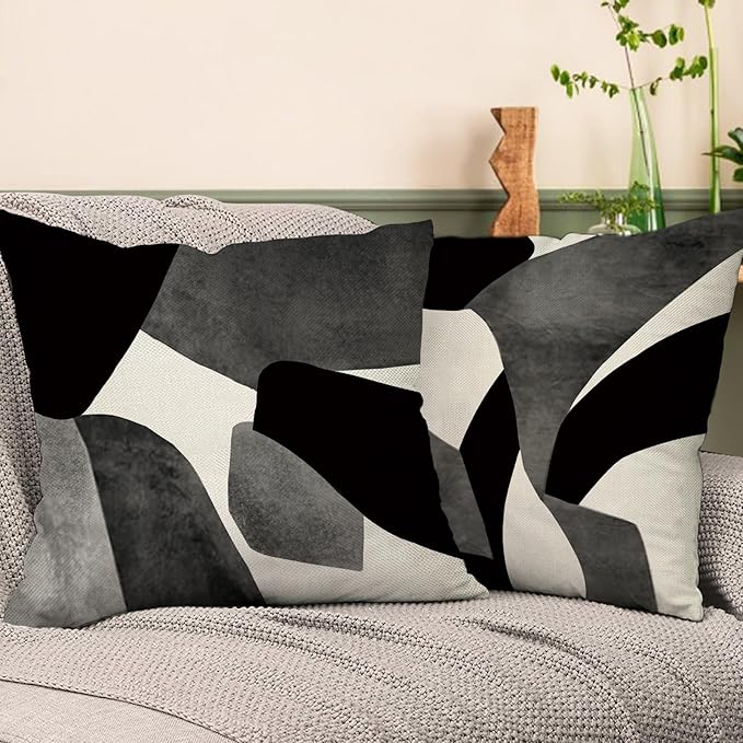 Abstract Geometric Decorative Throw Pillow Covers 18 x 18 Set of 4, Black White Grey Modern Aesthetic Porch Outdoor Home Decor, Minimalist Sofa Couch Cushion Case