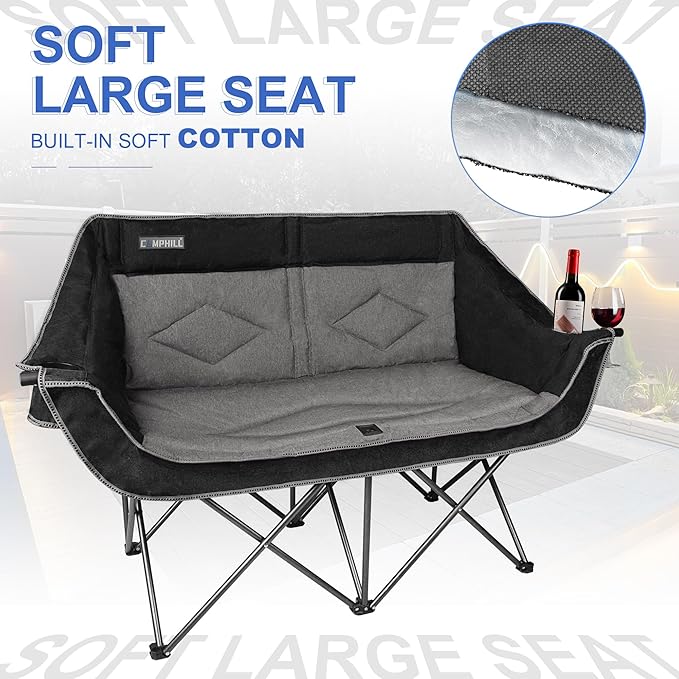 Oversized Double Camping Chair-Heavy Duty 2 Person Folding Loveseat Camp Couch for Adults,Portable Outdoor Lawn Chairs with Padded Seat for Fishing,Sports and Patio,Supports 500 LBS,Black